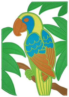Multicolor Parrot in the Jungle. Machine embroidery